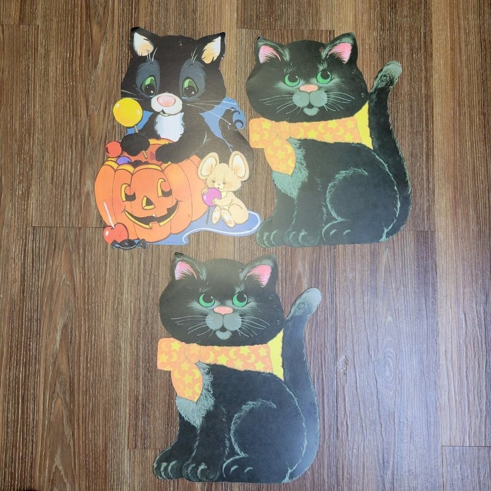 Vintage Eureka Halloween Die Cut Double Sided Black Cat Pumpkin Decorations